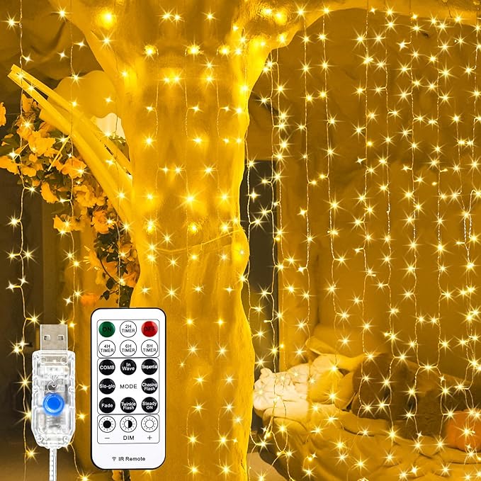 Curtain Light for Bedroom, 200LED 6.6x6.6ft Warm White Window Wall Hanging by SINAMER