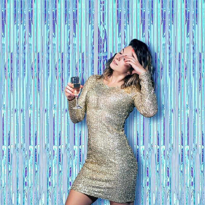 4 Pack 3.3x8.2 Feet Neon Iridescent Foil Fringe Backdrop Curtains, Tinsel - Image 6