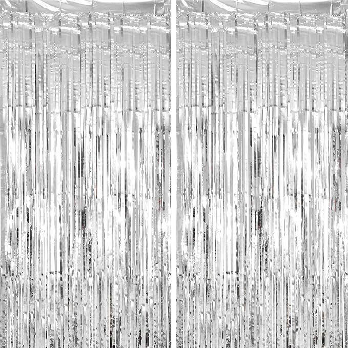 2 Pack Silver Tinsel Foil Fringe Curtains, Metallic Tinsel Party Streamers by Voircoloria