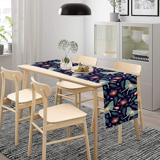Moth Table Runner, Retro Boho Aesthetic Blue Moth Magic Table Runner - Image 3