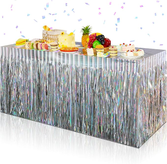 4 Pack Iridescent Table Skirt, Metallic Foil Fringe Tinsel Table Skirts by EnjoyYourFunnyParties