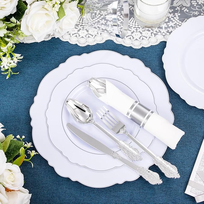 Liacere 350PCS Silver Plastic Plates-Disposable White and Silver Plates 50guest - Image 8