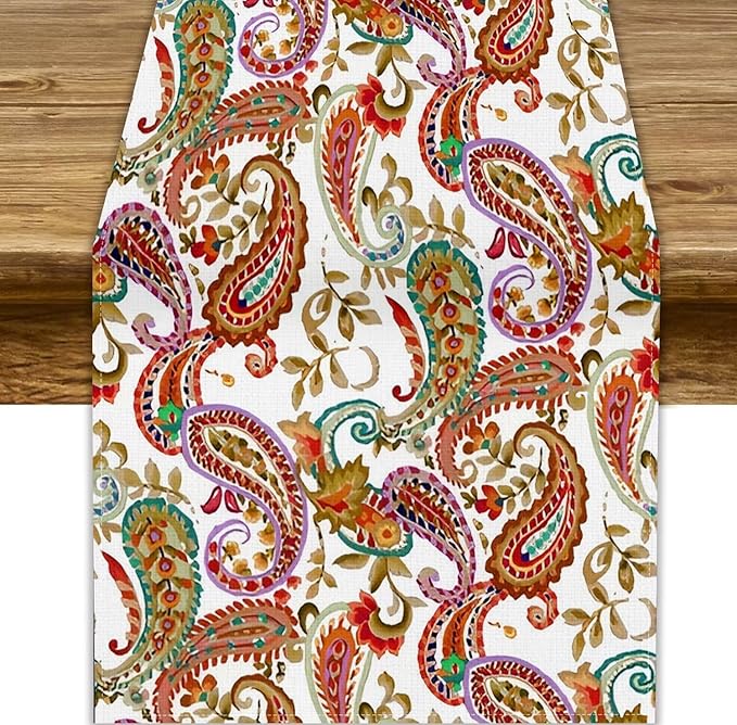 Colorful Paisley Table Runner, Boho Vintage Pink Red Teal Floral Leaves Print by JanJCurt