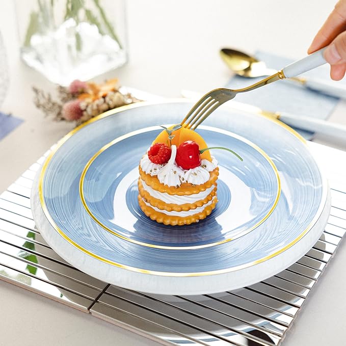 100PCS Transparent Blue Gold Plastic Plates, 7 Inch Heavy Duty Disposable - Image 5