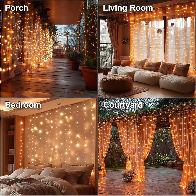 HXWEIYE 300LED Fairy Curtain Lights, 9.8x9.8Ft USB Plug-in 8 Modes Christmas - Image 6