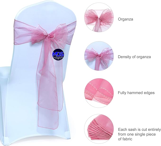MDS Pack of 50 PCS Organza Chair Sashes Wider Dining Chair Bows Ribbon Tie Back - Image 2