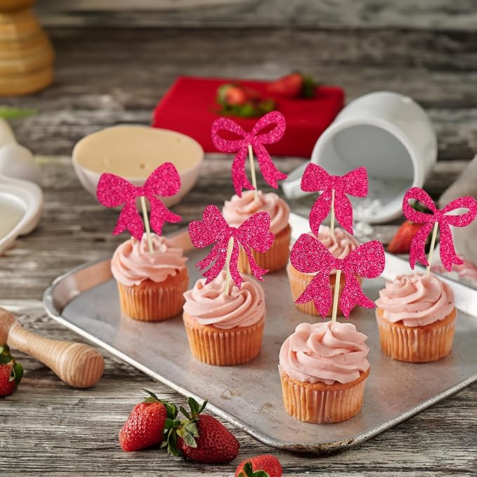 Gyufise 36Pcs Bow Cupcake Toppers Glitter Bowknot Cupcake Picks Bow Tie - Image 7