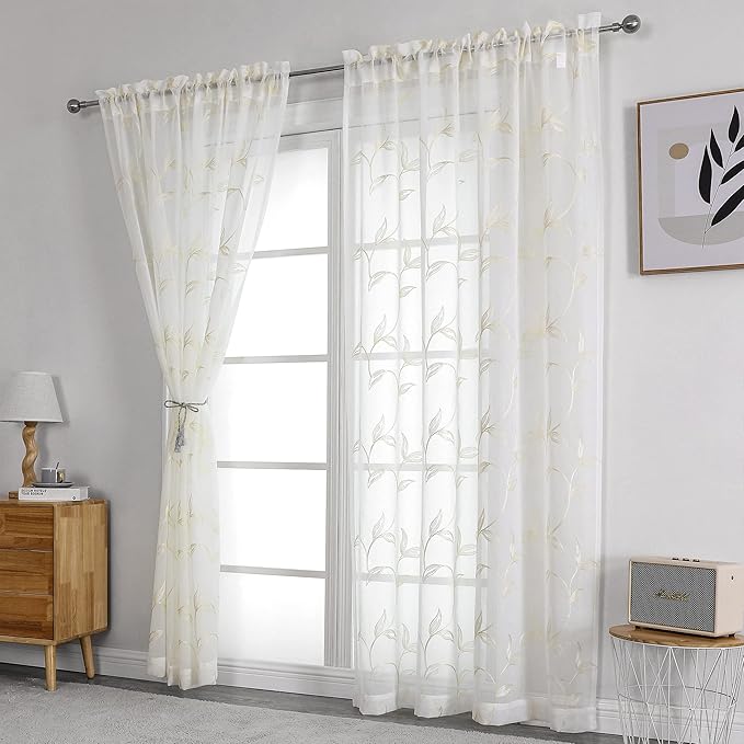 VISIONTEX Sheer Curtains 63 inch Length 2 Panels Set, Rod Pocket Embroidered - Image 2