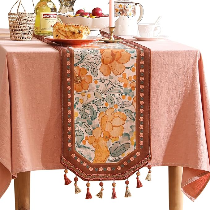 Designer Vintage Orange Floral Table Runner, French Soft Linen Farmhouse Table by bilingaier