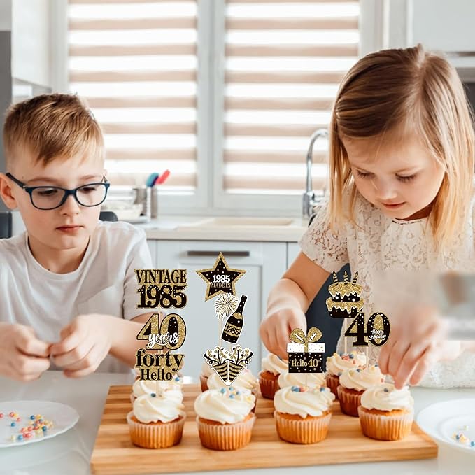 36PCS Happy 40th Birthday Cupcake Toppers Double Sided Black Gold Forty Hello - Image 6