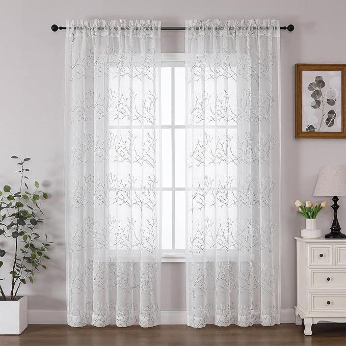 VISIONTEX Sheer Curtains 95 inch Length 2 Panels Set, Decorative Grey Coral - Image 2