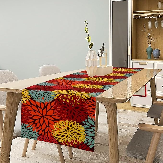 Red Yellow Dahlia Table Runner, Seasonal Autumn Thanksgiving Pattern Print - Image 4