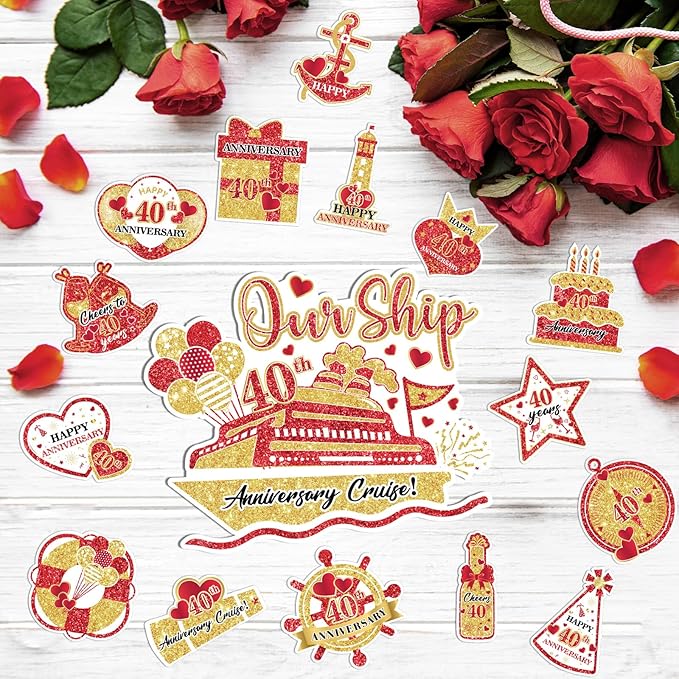 40th Anniversary Cruise Door Magnets Decorations Red Gold Happy 40th - Image 2