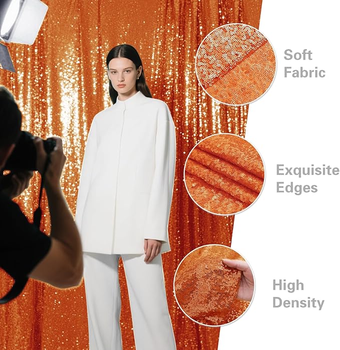 Orange Sequin Backdrop Curtain 4 Pieces 2FTx8FT Glitter Photography Backdrop - Image 4