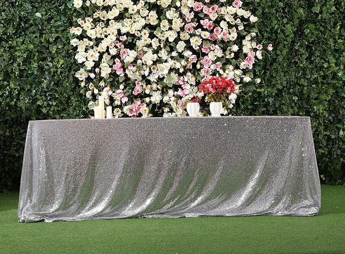 SquarePie Sequin Tablecloth 90 x 132 Inch Silver Sparkly Table Linen - Image 5