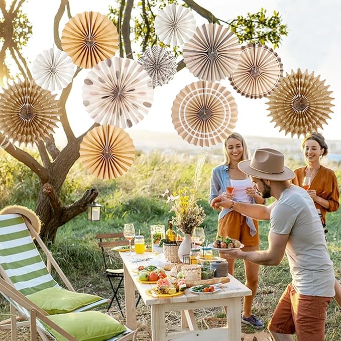 Boho Hanging Paper Fans White Brown Champagne Party Decorations Neutral Rustic - Image 5