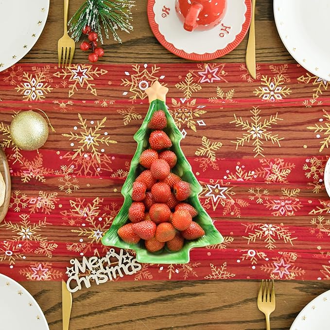 Artoid Mode Red Gold Snowflakes Christmas Gauze Table Runner 120 Inch 10FT - Image 2