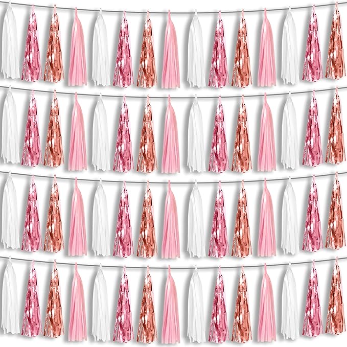 4P Pink White Peach Rose Gold Tassels Party Tassel Garland Banner, Tassels by HYSILLA