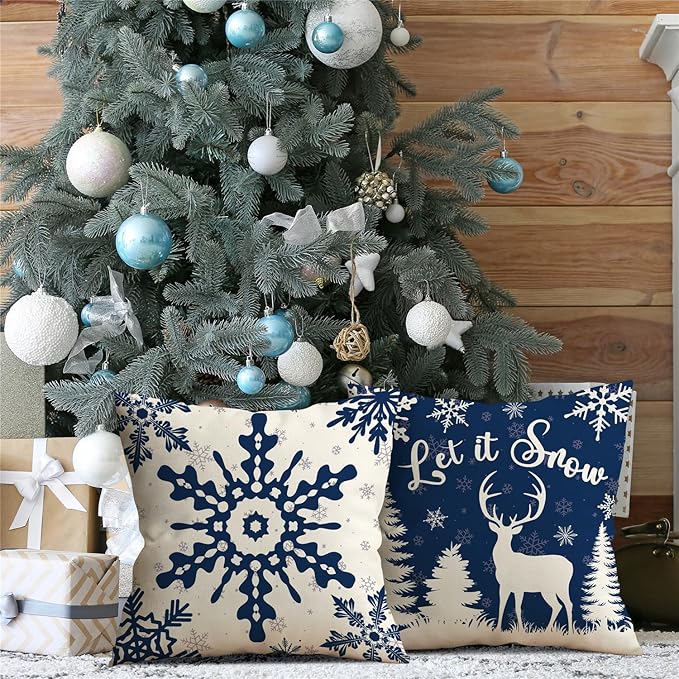 Christmas Pillow Covers 18x18 Blue Christmas Decorations Snowflake Reindeer - Image 2