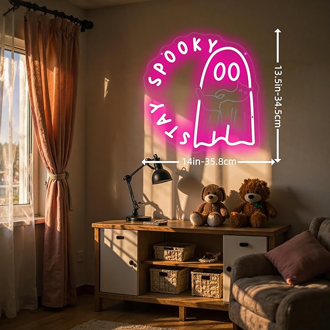 Halloween Ghost holding a cat Stay Spooky Neon Sign, Funny Halloween Party Wall - Image 6