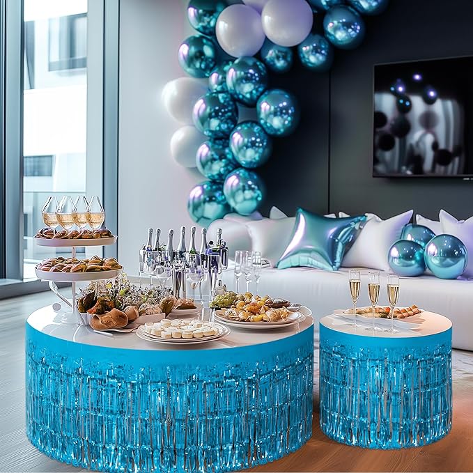 8 Pack Lake Blue Table Skirts, 29x108" Metallic Foil Tinsel Fringe Table Skirts - Image 9