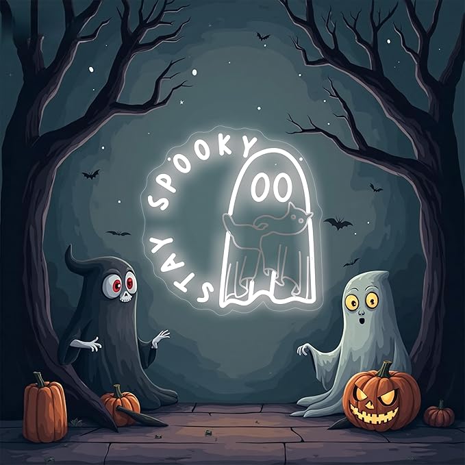 Ghost holding a cat Stay Spooky Neon Sign, Funny Halloween Party Wall Decor by Mingxigo