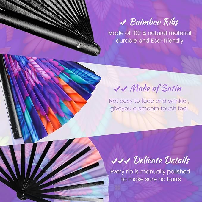 SYNTECSO Folding Hand Fan for Rave, UV Glow Fan, Large Bamboo Fan for Drag Queen - Image 3