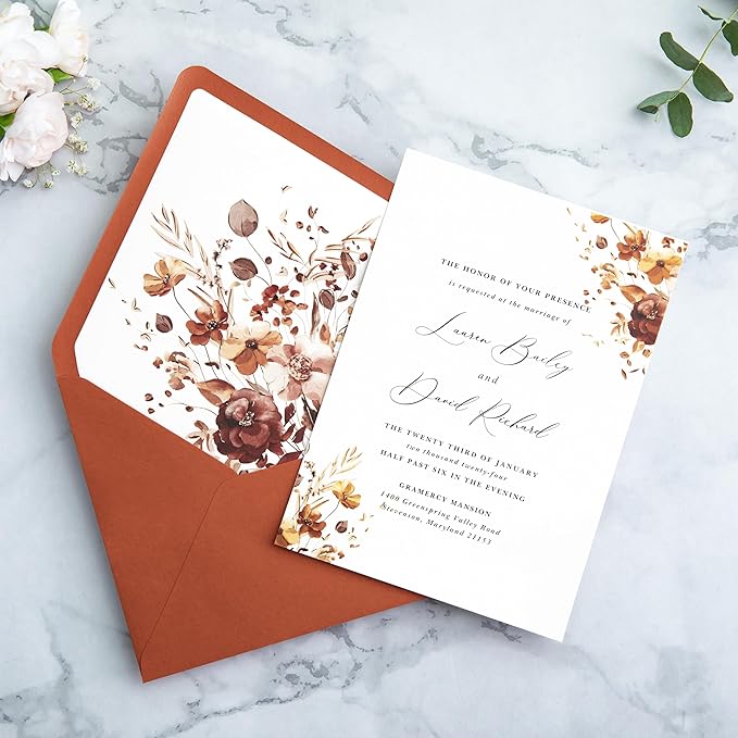 PONATIA 50PCS A7 Euro Flap Envelopes, 5.25 x 7.25'' Burnt Orange Flowers Liner - Image 6