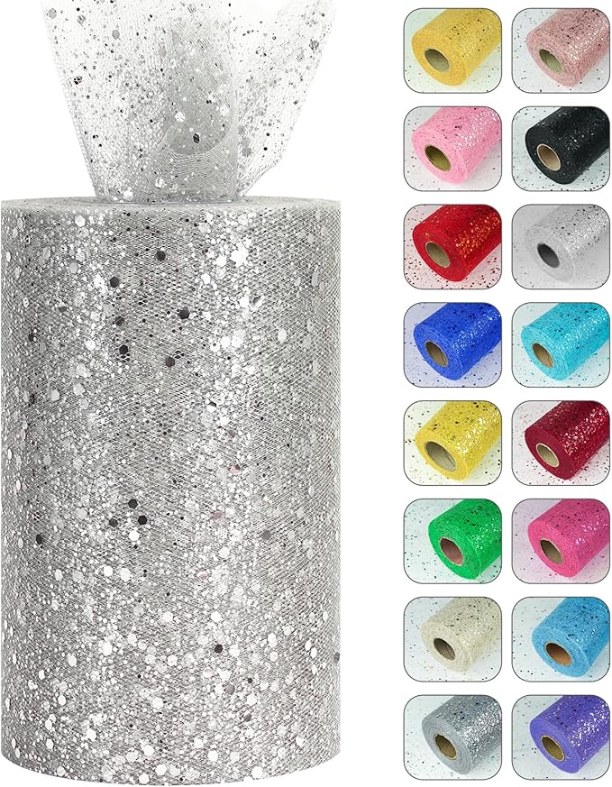 Glitter Tulle Rolls, 6” by 50 Yards Sparkling Tulle Spool Ribbon Sequin Tulle by Miegecha