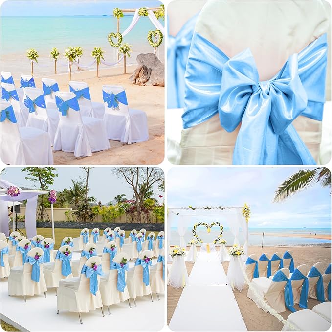 50 PCS Baby Blue Satin Chair Sashes Bows Universal Chair Ribbon Ties Back Sash - Image 7