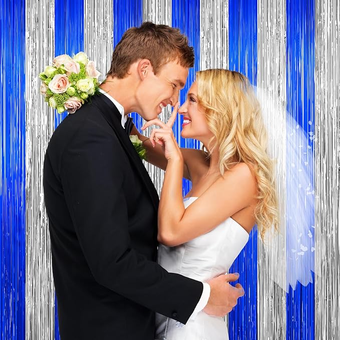 Silver and Blue Tinsel Backdrop Foil Fringe Curtains, Party Streamers Supplies - Image 6