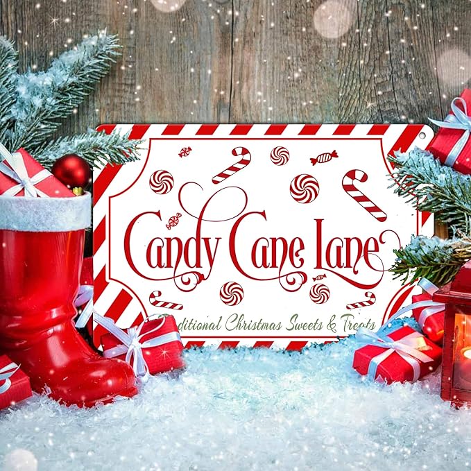 Christmas Candy Cane Lane Metal Tin Sign Traditional Christmas Sweets and - Image 5