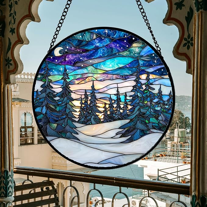 Stained Glass Window Hanging, Starry Sky Trees and Snow Sun Catchers Glass - Image 3