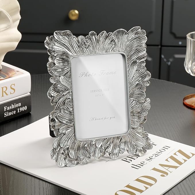 Silver 3x5 Picture Frame, Vintage Silver Palm Leaves Textured Hand-Crafted Resin - Image 7