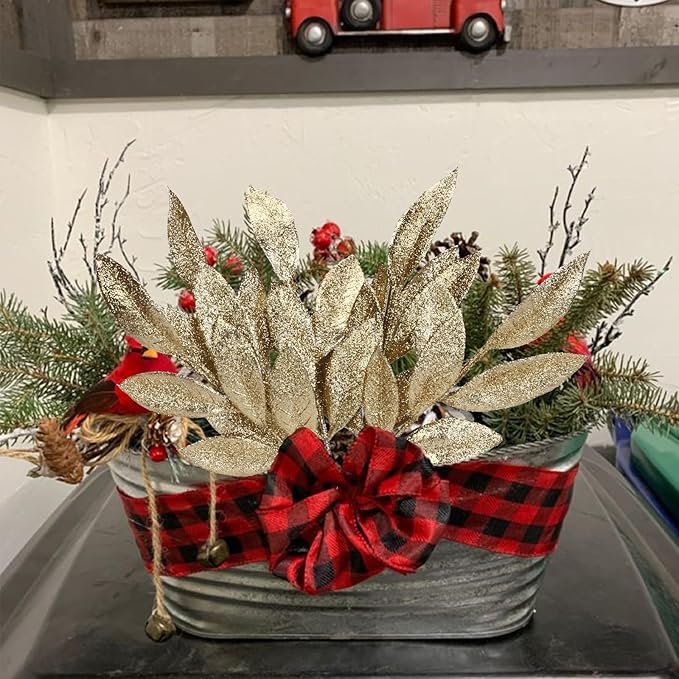 GREENTIME 12 Pack Artificial Light Golden Glitter Leaves 13" Fake Christmas - Image 4