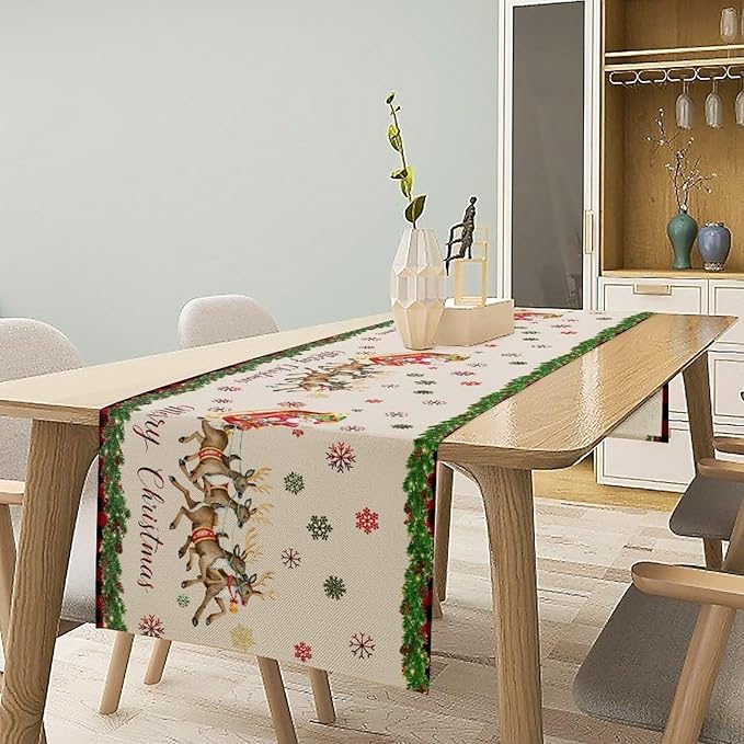 Christmas Table Runner, Xmas Deer Cute Santa Claus Red Plaid Pattern Printed - Image 5