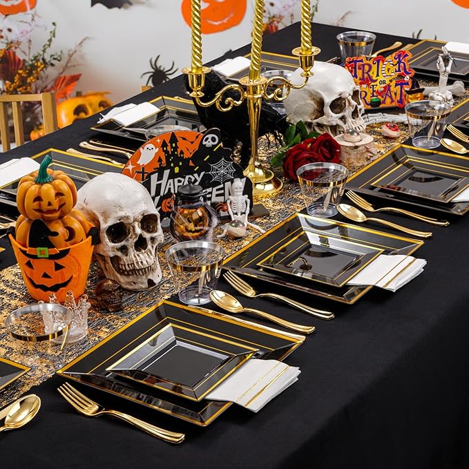 Festiva 350Pcs Black and Gold Plastic Plates-50Guests Disposable Square Black - Image 6