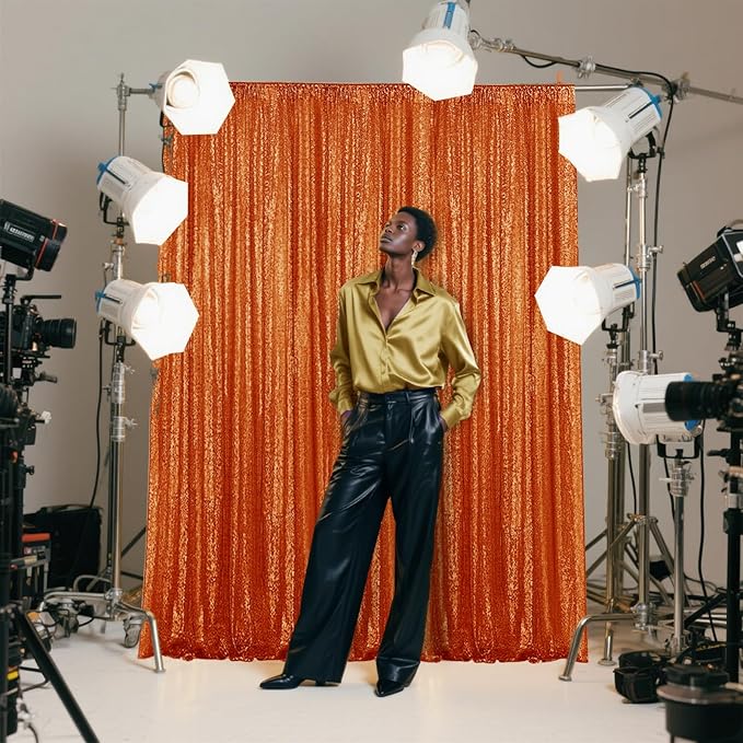 Orange Sequin Backdrop Curtain 4 Pieces 2FTx8FT Glitter Photography Backdrop - Image 7