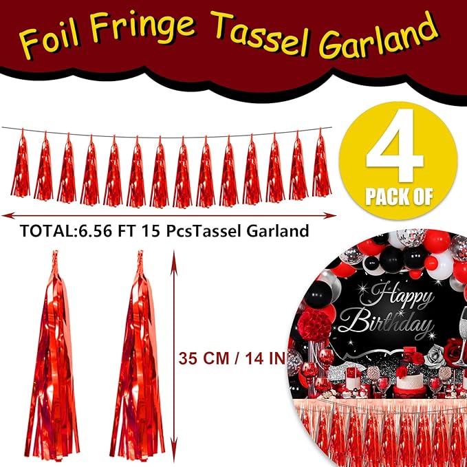 4P Red Foil Fringe Tassel Banner Garland Metallic Tinsel Streamers Wall Hanging - Image 2