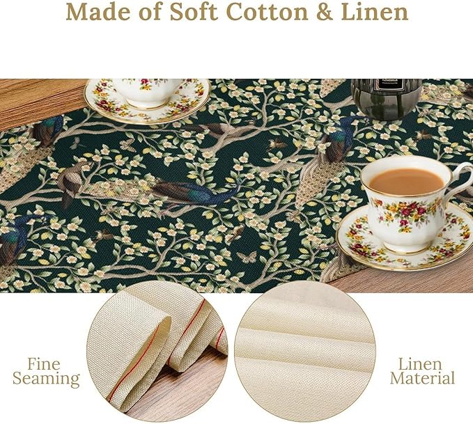 Peacock Table Runner, Retro Floral Plants Peacock Table Runner - Image 5