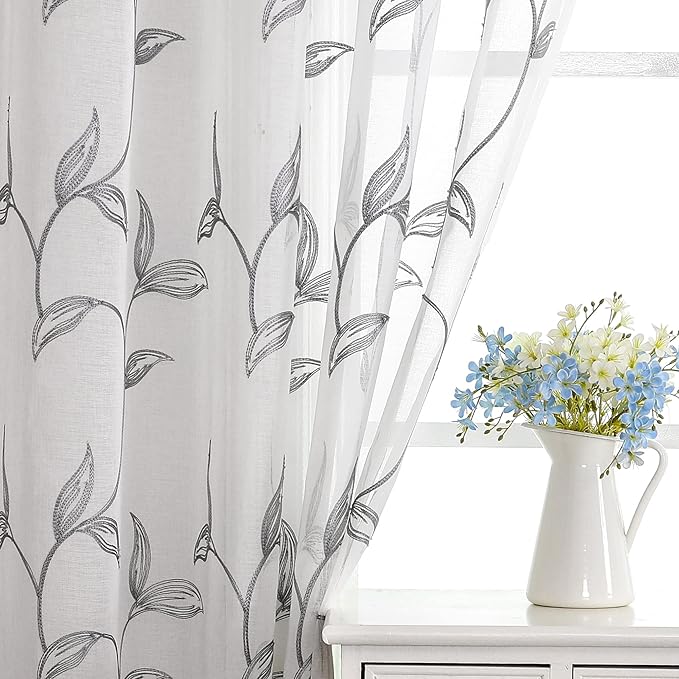 VISIONTEX Sheer Curtains 63 Inch Length 2 Panels, Decor Iron Grey Vine Leaves - Image 5
