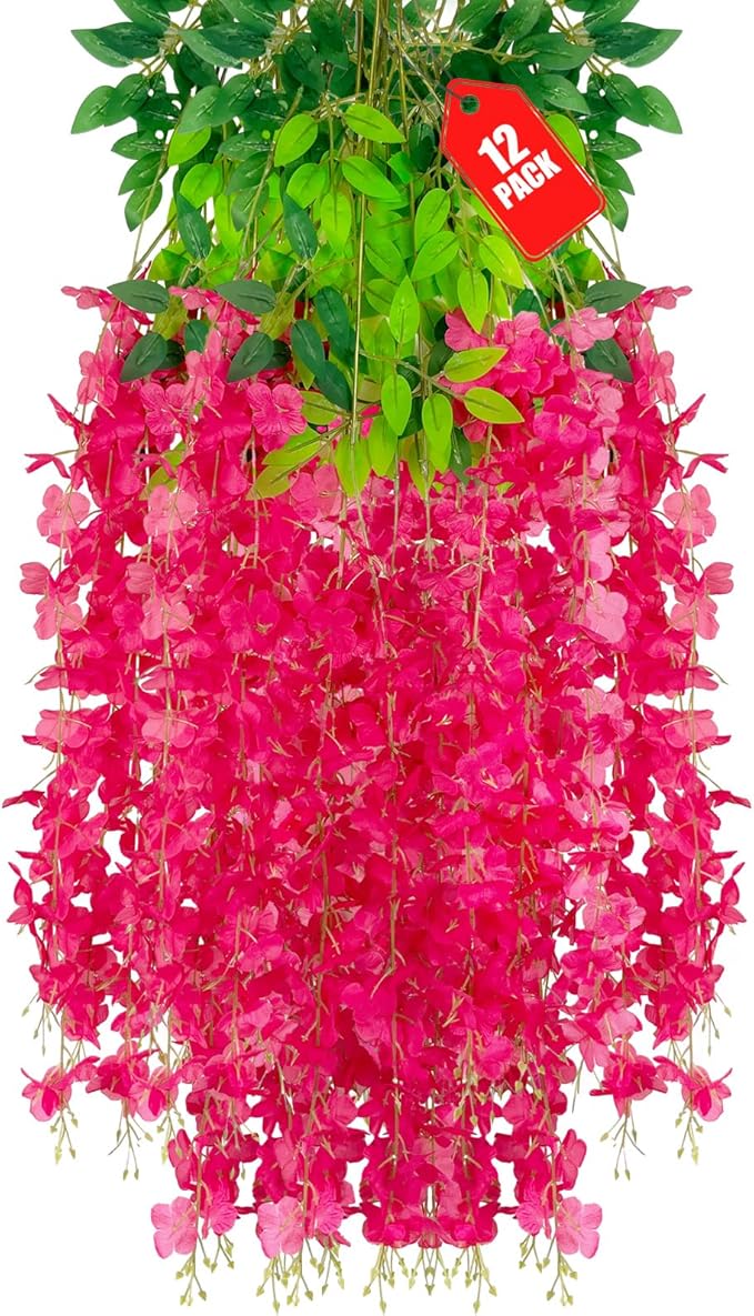 12 Pack Fuchsia Wisteria Hanging Flowers, 3.44 Ft Fake Hanging Flowers by ZEBMOON