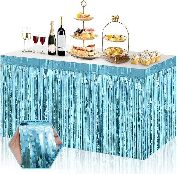 3 Pack 29x108 Inch Light Blue Foil Fringe Table Skirts Metallic Banner by Ferwzsr