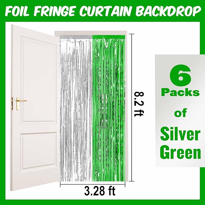 6 Pack Silver Green Foil Fringe Curtains Backdrop, 3.28 x 8.2 Ft Metallic - Image 2