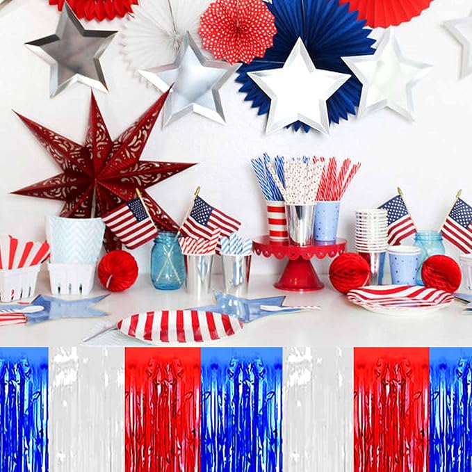 3 Pack White Blue Red Foil Fringe Table Skirts Metallic Tinsel Streamers - Image 5