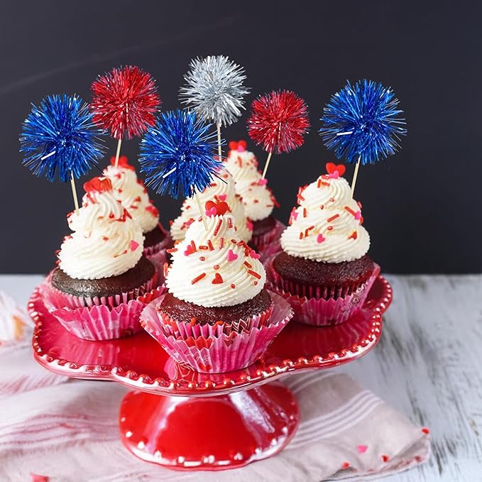 Ephlyn 30Pcs Foil Firework Cupcake Toppers Sparkle Tinsel Cupcake Picks Happy - Image 6