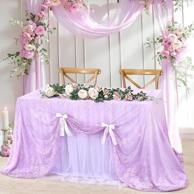 LuoluoHouse Sheer Lace Tablecloth Floral 6pcs Table Fabric 60x120 Inch - Image 5