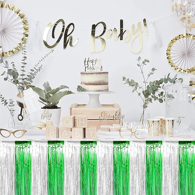 6 Pack 29x108 Inch Silver Green Metallic Foil Fringe Tinsel Table Skirts - Image 3