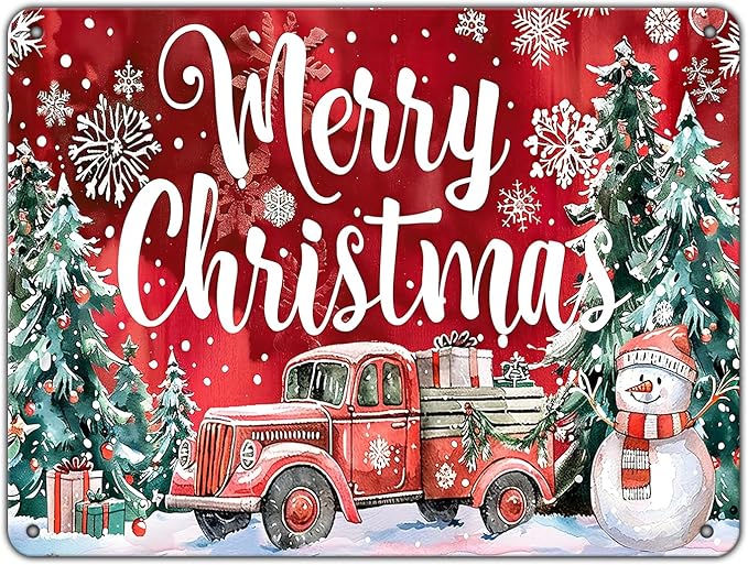 Christmas Truck Metal Tin Sign Merry Christmas Sign Funny Snowman Tin Sign by GJXFTPTTBD