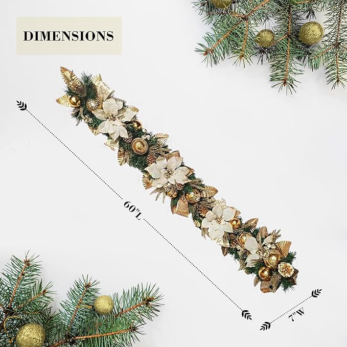 Holiday Tree White Gold Poinsettia Garland 5 Ft – Luxurious Christmas Garland - Image 3